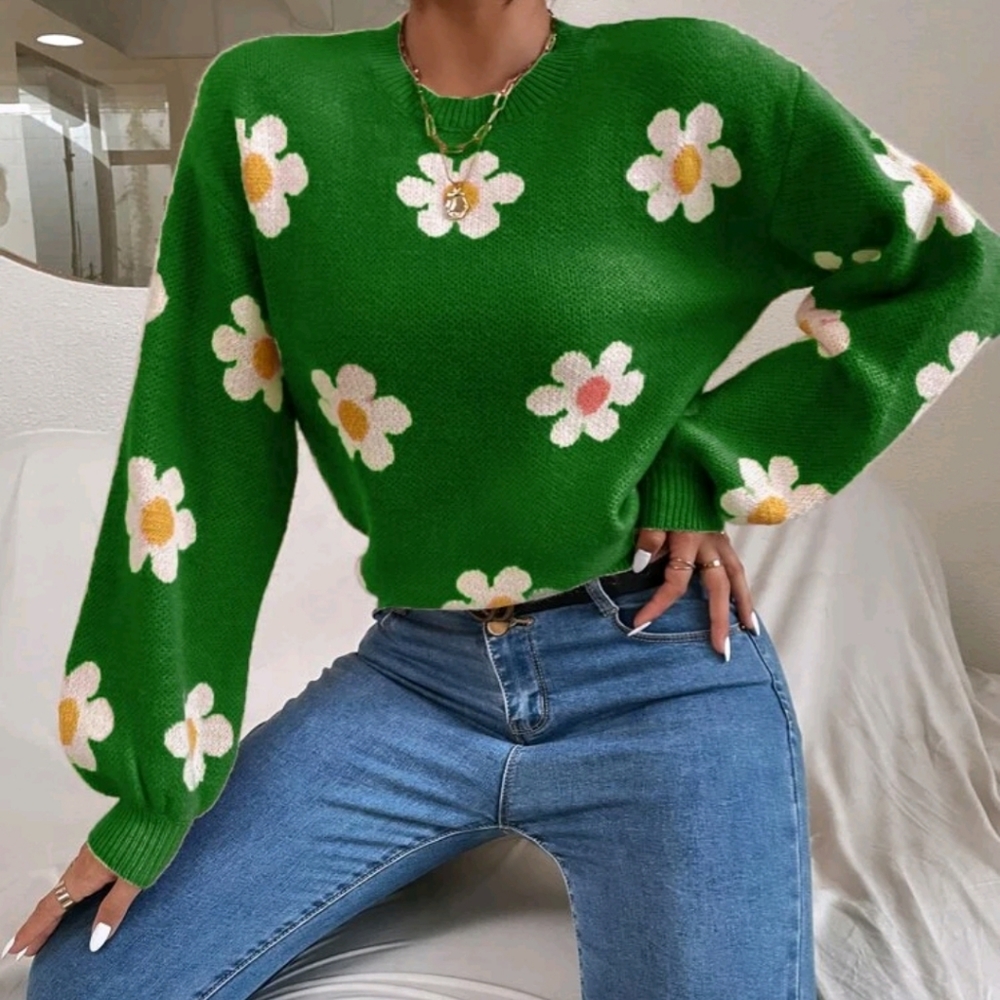 Floral Pattern Drop Shoulder Sweater Blouse - Picture 3 of 7